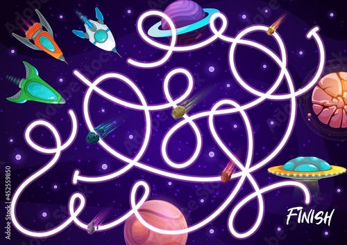 Kids labyrinth maze with spaceships, vector board game with rockets and planets in space. Boardgame with tangled path, start and finish, cartoon planets and shuttles. Educational children riddle, test