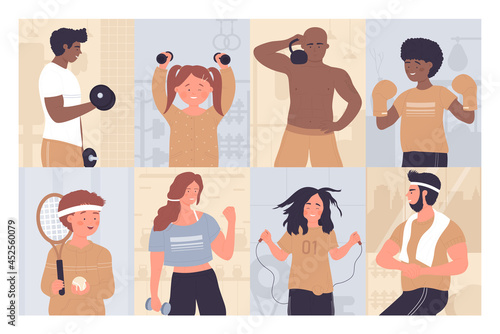Healthy sport exercises of athlete people set vector illustration. Cartoon adult woman man characters training with dumbbells kettlebell for body health, happy kid holding tennis racket background