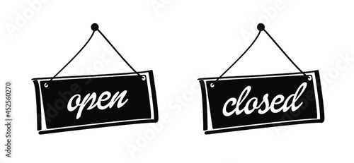 Cartoon, comic, open and closed board sign. Vector hanging tags label or button. signboard for office or store market logo. 