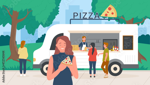 Fototapeta Naklejka Na Ścianę i Meble -  Pizza street market food truck van in summer park and people eat fastfood vector illustration. Cartoon young happy woman character eating pizza slice snack near mobile cafe restaurant background
