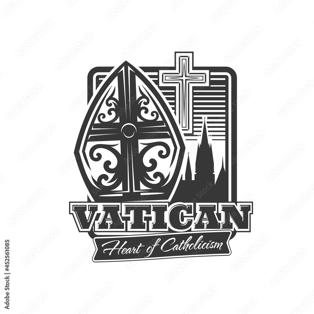 Vatican icon, pope tiara, catholic crucifix and ancient building peaks silhouette. Christianity religion vector emblem with cross, heart of Catholicism Christian symbol isolated on white background Vatican icon, pope tiara, catholic crucifix and ancient building peaks silhouette. Christianity religion vector emblem with cross, heart of Catholicism Christian symbol isolated on white background
