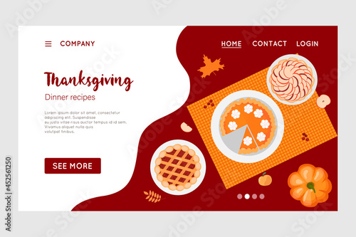 Happy Thanksgiving holiday vector design template for websites, posters, banners. Happy Thanksgiving with traditional food, turkey, pies, pumpkins and fruits. Vector website template. Vector