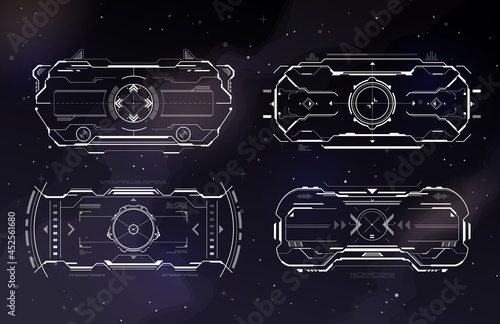 HUD aim control frame interface, futuristic target screen, vector dashboard background. HUD target aims control panel or aim radar digital screen, game UI and crosshair dashboard