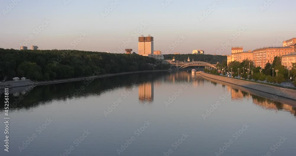 4K summer morning video of Moskva River bridges and river embankments near Gorky Park in Moscow city center, Russia 4K summer morning video of Moskva River bridges and river embankments near Gorky Park in Moscow city center, Russia