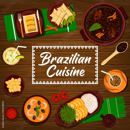 Brazilian cuisine vector black bean stew feijoada, sweet corn mush pamonha and potato dumplings coxinha. Seafood stew moqueca, pork rinds torresmo, orange rice or lime cocktail caipirinha, Brazil food