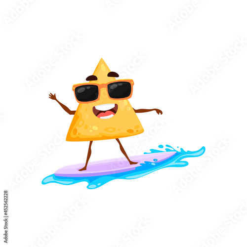 Cartoon mexican nachos chips on summer beach and vacation surfing on surfboard on water waves isolated happy character mascot. Vector tasty fastfood snack surfer, cute emoticon traditional mexico food