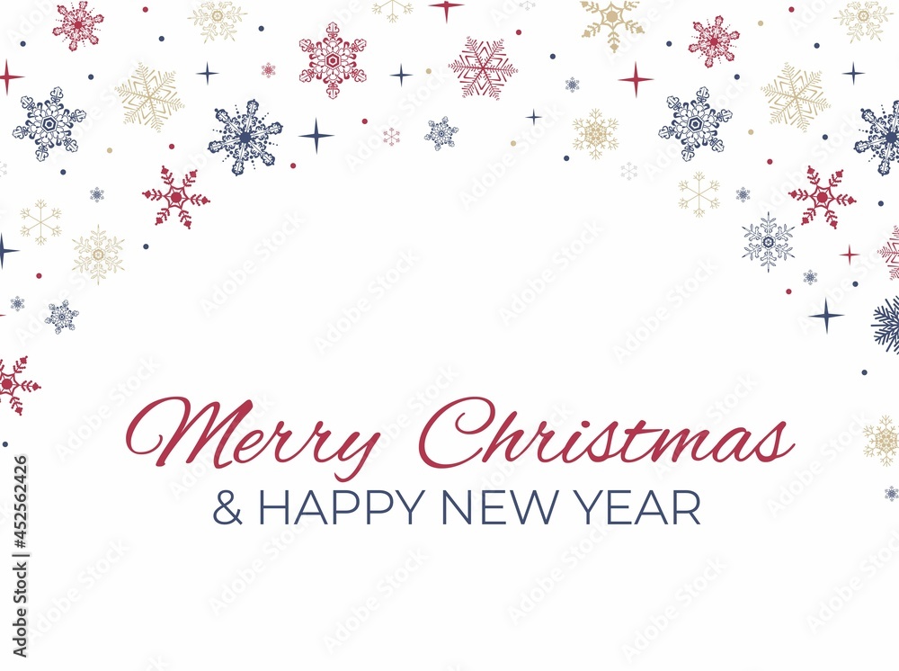 Merry Christmas background with snowflakes. Red, navy and gold snowflakes. Classic Christmas colors design. Flat style vector illustration. Happy New year greeting card, banner, print, poster. Merry Christmas background with snowflakes. Red, navy and gold snowflakes. Classic Christmas colors design. Flat style vector illustration. Happy New year greeting card, banner, print, poster.