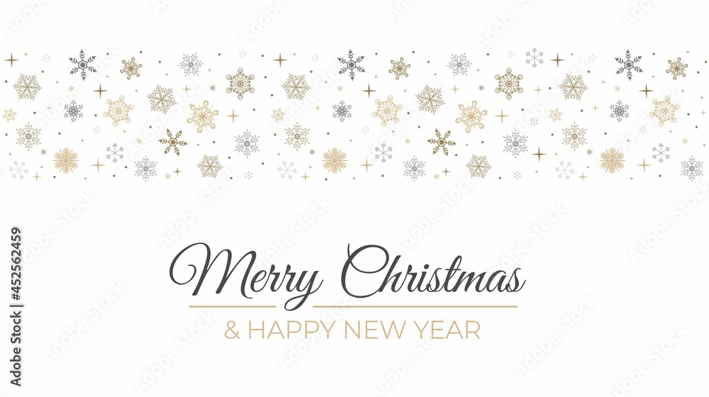 Fototapeta premium Merry Christmas greeting seamless ornament with snowflakes. Gold, black and white Christmas border design. Flat style vector illustration. Happy New year background for greeting card, banner, sale etc