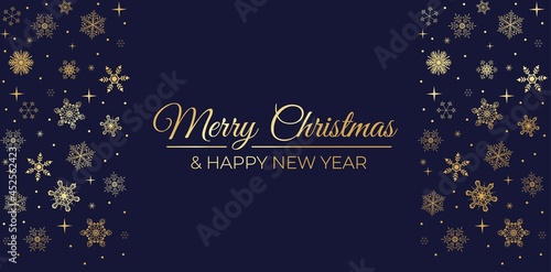Merry Christmas elegant greeting card with gold snowflakes and navy blue background  Happy New Year luxury design template for invitation banner  poster  web etc. Linear snowflakes holiday design
