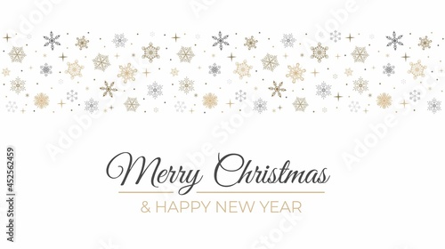 Merry Christmas greeting seamless ornament with snowflakes. Gold  black and white Christmas border design. Flat style vector illustration. Happy New year background for greeting card  banner  sale etc