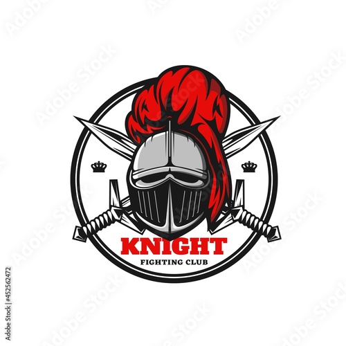 Medieval knight icon, vector emblem with warrior helmet and crossed swords. Heraldic royal paladin with closed visor and red plumage, ancient soldier or guard in armour. Fighting club heraldry label