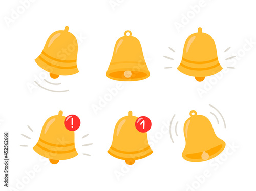 Notification bell icon. The golden alert bell is shaking. Set of bells