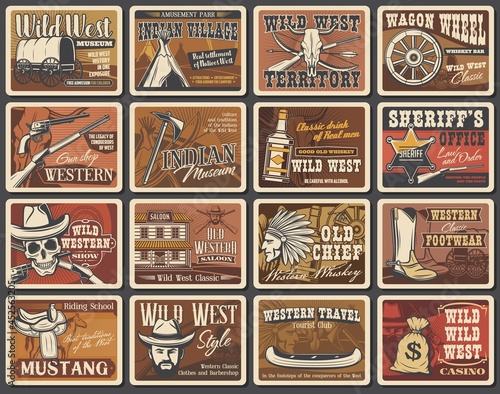 Wild West vector posters set. Cowboy, sheriff and skull, American western hat, guns and ranger star badge, horse, vintage wagon, Indian chief, revolvers, tomahawk and rifle. USA Wild West saloon cards