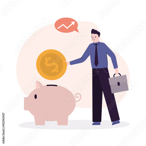 Businessman throw gold coins into large piggy bank. Male invest money. Employee savings or hoard money. Concept of investment and finance management
