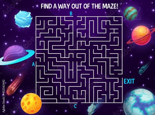 Space labyrinth maze, cartoon galaxy. Kids vector boardgame with planets and meteors in deep cosmos. Board game with path in space with three entrance and one exit. Riddle with cosmic fantasy world