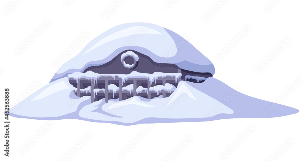 Ice age. Cartoon game house with mountains of snow. Frozen destroyed building after storm. Aftermath of natural disaster. Vector illustration. Ice age. Cartoon game house with mountains of snow. Frozen destroyed building after storm. Aftermath of natural disaster. Vector illustration.