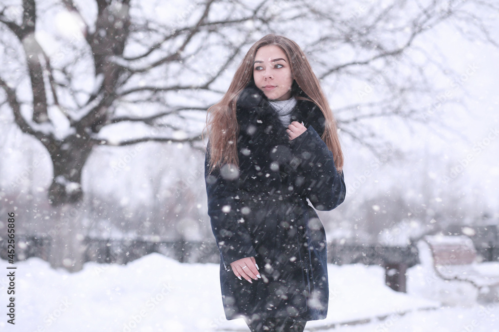 Girl in a winter park in snowfall Girl in a winter park in snowfall