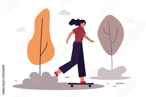 Female skateboarder riding in park. Cartoon girl on skate. Activity and healthy lifestyle. Concept of outdoor recreation and spending active free time