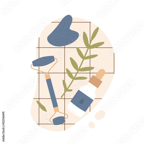 Trendy gua sha scraper and natural blue quartz crystal roll on face massager, green branch of a plant on a tile. Gua Sha skin care concept. Flat cartoon vector illustration. Isolated  background. 
