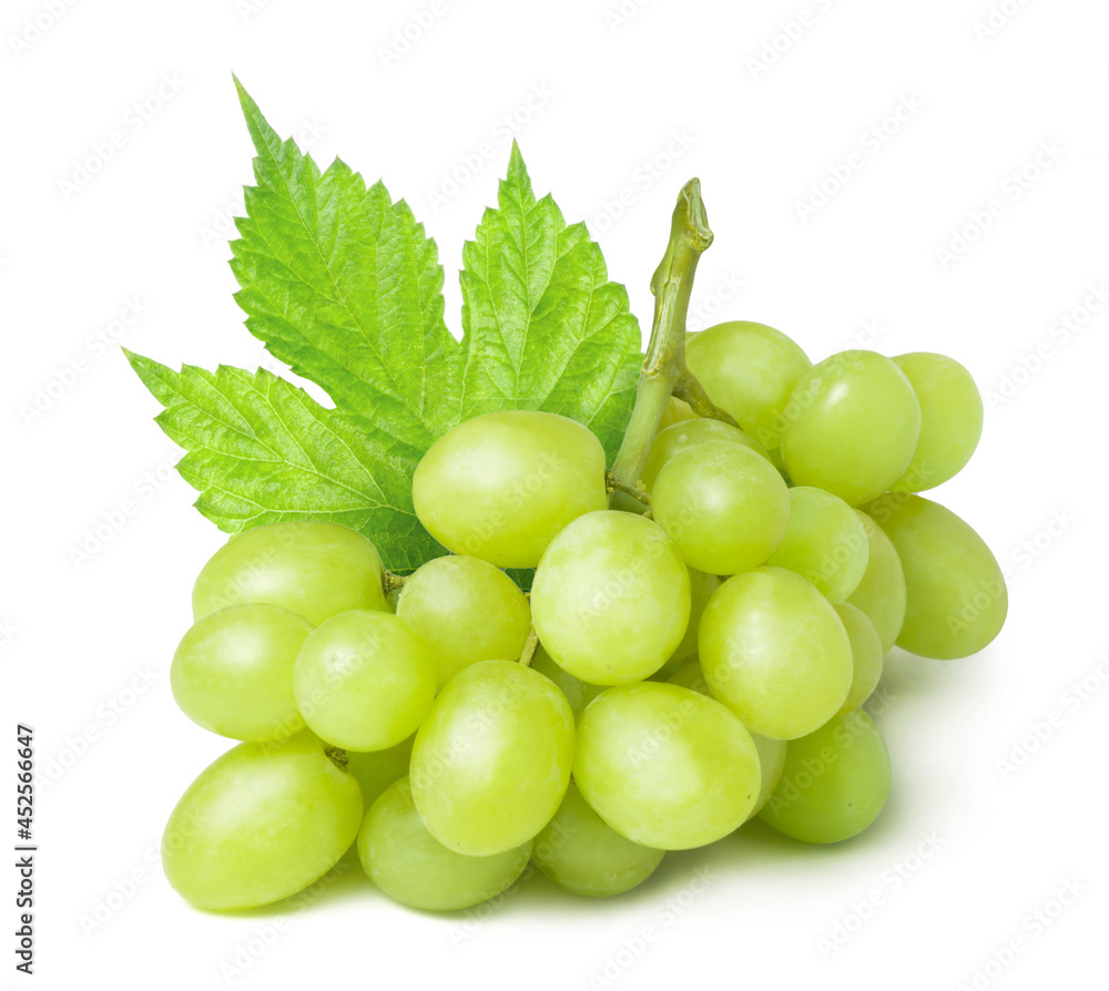 Ripe green grapes in water drops isolated on white background. Fresh fruits. Ripe green grapes in water drops isolated on white background. Fresh fruits.