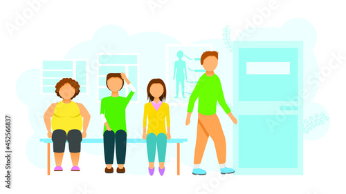 Abstract Flat Queue Man Woman Cartoon People Character Concept Illustration Vector Design Style Healthcare Diagnosis Clinic Hospital Waiting For The Doctor