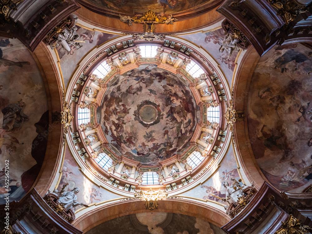 Interior Dome of the Baroque Saint Nicholas Church in the Lesser Town or Mala Strana of Prague, Czech Republic or Kostel Svateho Mikulase, Celebration of Saint Nicholas Scene by F. X. Palko.