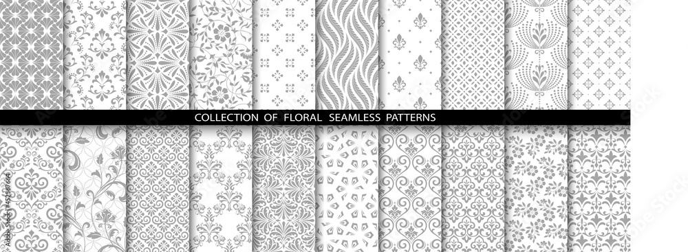 Geometric floral set of seamless patterns. Gray and white vector backgrounds. Simple illustrations. - obrazy, fototapety, plakaty 