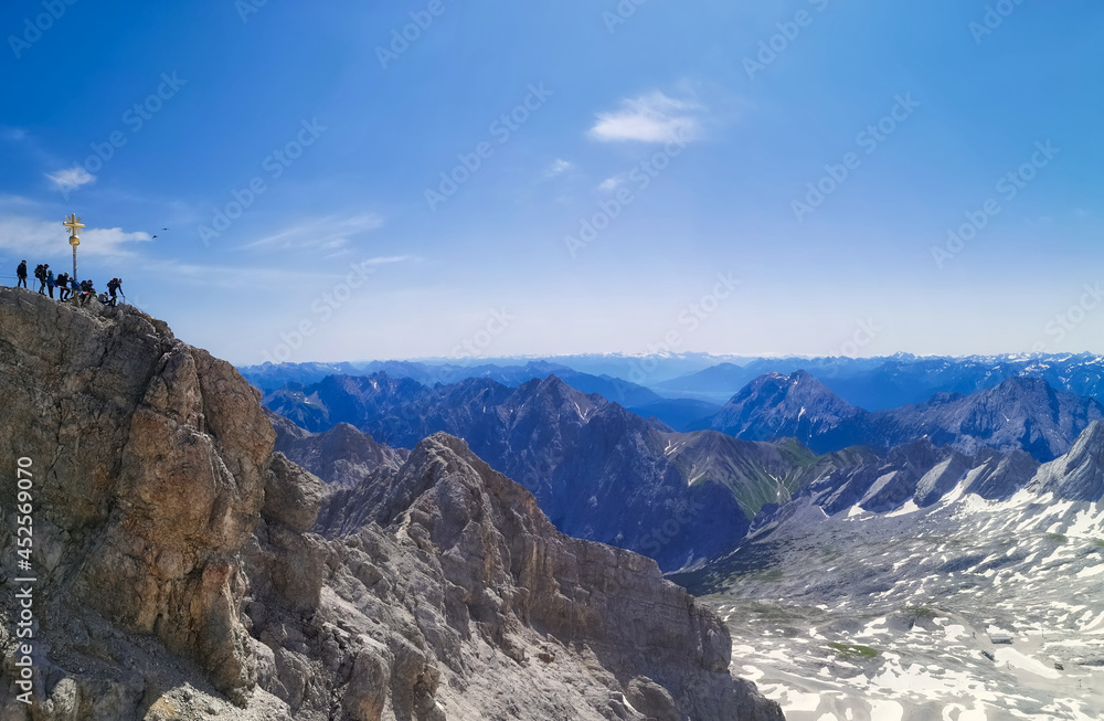 the summit of zugspitze and view to the alps