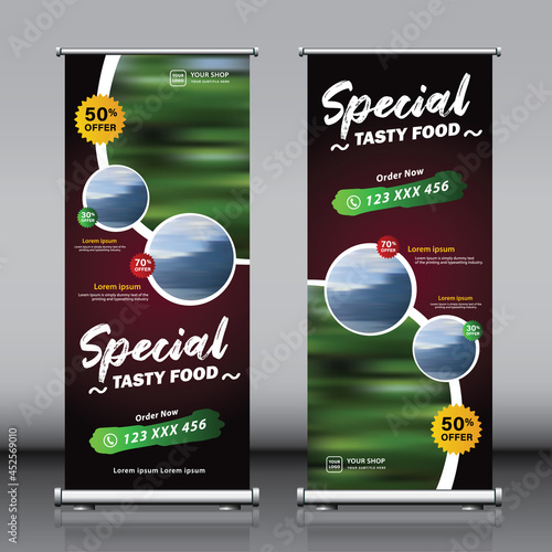 Roll up banner design template for restaurants hotels showrooms and shops with food menu items