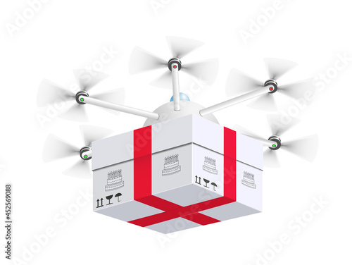 Drohne mit Geschenk Lieferung,
Vektor Illustration isoliert auf weißem Hintergrund
