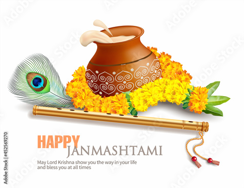Greeting background for Hindu festival Krishna Janmashtami (birth of Lord Krishna). Vector illustration. photo