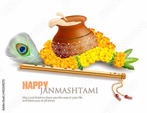 Greeting background for Hindu festival Krishna Janmashtami (birth of Lord Krishna). Vector illustration.