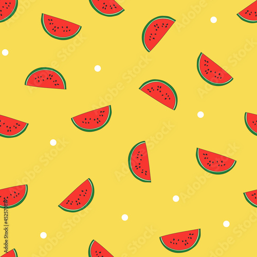 Seamless repeat pattern with tossed juicy red watermelon slices and white dots on a yellow background
