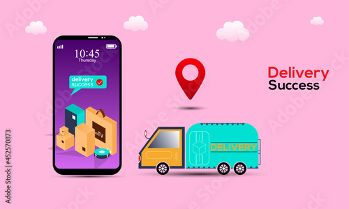 Online shopping on website or mobile application illustration. delivery truck, map tracking, shopping search or order success concept