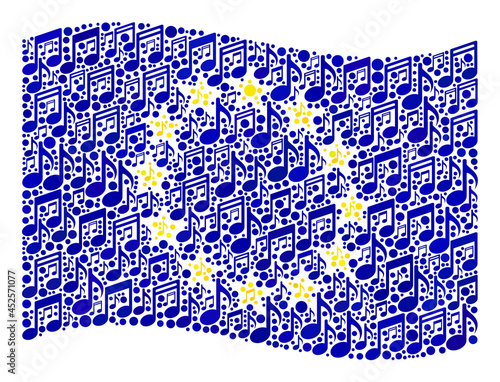 Mosaic waving Europe flag constructed with music icons. Vector music collage waving Europe flag created for club projects. Europe flag collage is done with scattered music icons.