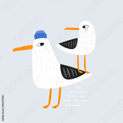 Cute couple of seagulls vector illustration. Hand drawn sea Birds on blue background.