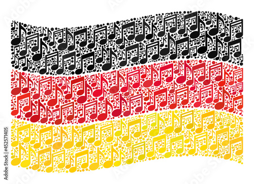 Mosaic waving Germany flag designed of musical signs. Vector music collage waving Germany flag designed for club projects. Germany flag collage is constructed of random music icons.