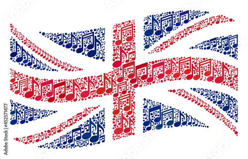 Mosaic waving Great Britain flag constructed of musical symbols. Vector musical collage waving Great Britain flag designed for concert illustrations.