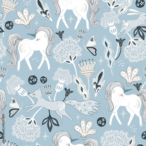 Seamless bohemian style pattern with hand drawn unicorn, fox, bunny and flowers. Vector illustration