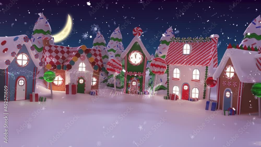 Animation of christmas season's greetings over winter scenery with houses and moon Animation of christmas season's greetings over winter scenery with houses and moon