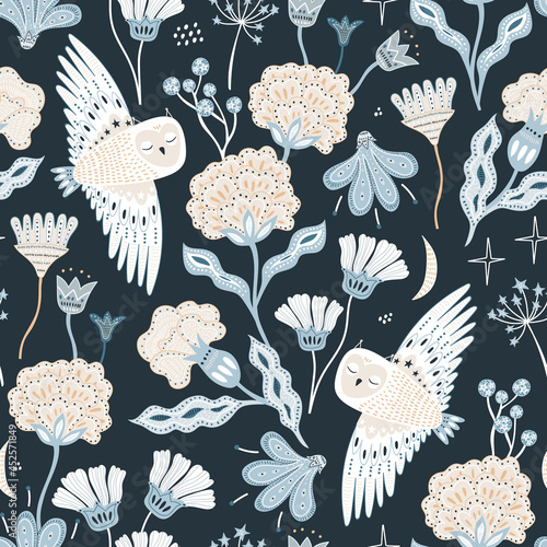 Seamless hight detailed floral texture with hand drawn owl. Bohemian floristic texture. Vector illustration