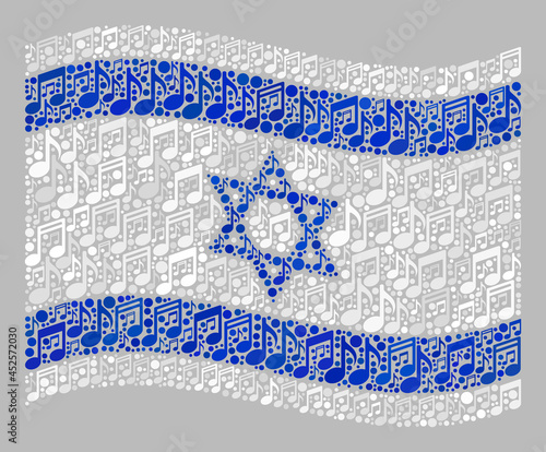 Mosaic waving Israel flag designed with melody icons. Vector music collage waving Israel flag designed for club illustrations. Israel flag collage is created of randomized melody icons.