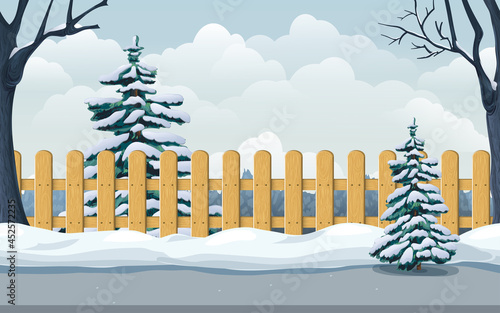 seamless winter landscape with snowy spruce, trees, wooden fence, snowdrifts, road. illustration of village, park, backyard or countryside in winter. cold season horizontal scene for game background.