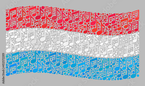 Mosaic waving Luxembourg flag constructed with musical icons. Vector melody collage waving Luxembourg flag organized for musician applications.
