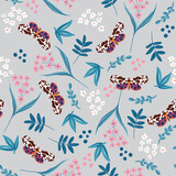 Vector Botanical plants seamless pattern with summer butterflies vector EPS10 ,Design for fashion , fabric, textile, wallpaper, cover, web , wrapping and all prints