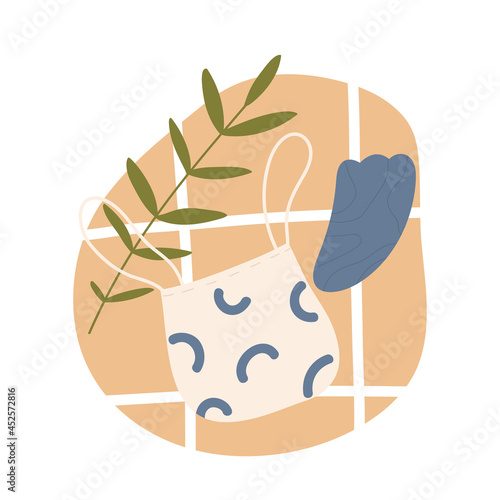 Trendy gua sha scraper, cloth bag and plant on a tile. Gua Sha skin care concept. Flat cartoon vector illustration. Isolated on white background. 