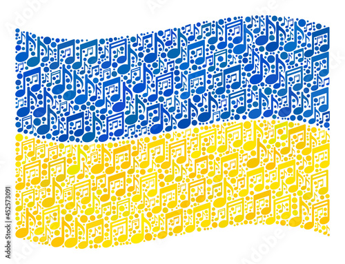 Mosaic waving Ukraine flag designed with music symbols. Vector music mosaic waving Ukraine flag designed for performance news. Ukraine flag collage is organized with scattered melody items.