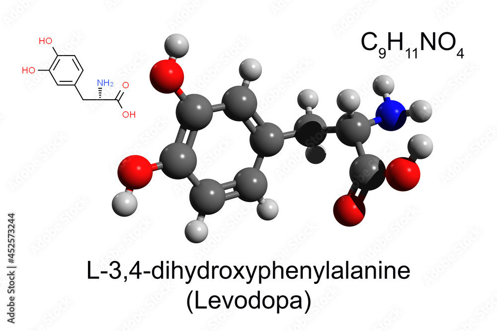Chemical formula, skeletal formula and 3D ball-and-stick model of l-DOPA, also known as levodopa and l-3,4-dihydroxyphenylalanine, white background