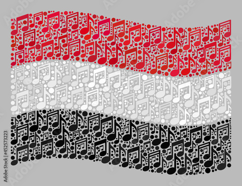 Mosaic waving Yemen flag designed with music signs. Vector melody mosaic waving Yemen flag designed for performance advertisement. Yemen flag collage is created of randomized melody items. photo