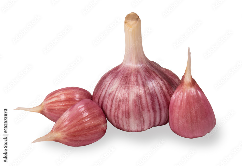 Fototapeta premium Whole garlic and peeled garlic cloves isolated on a white background.Ripe raw vegetable on a white background.